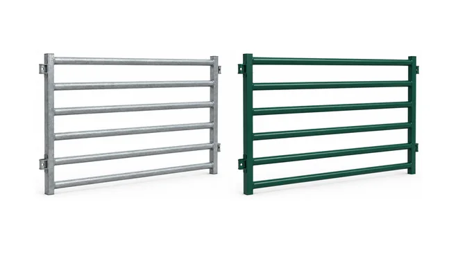 Two six-rail livestock panels shown in silver-colored and green finishes