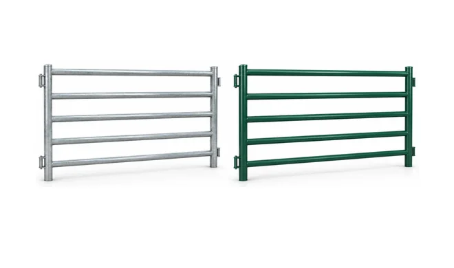 Silver-colored and green rectangular corral panels with side connectors