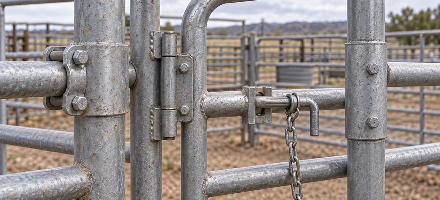 Close-up of a livestock gate hinge, brackets, and a chain-retained latch pin