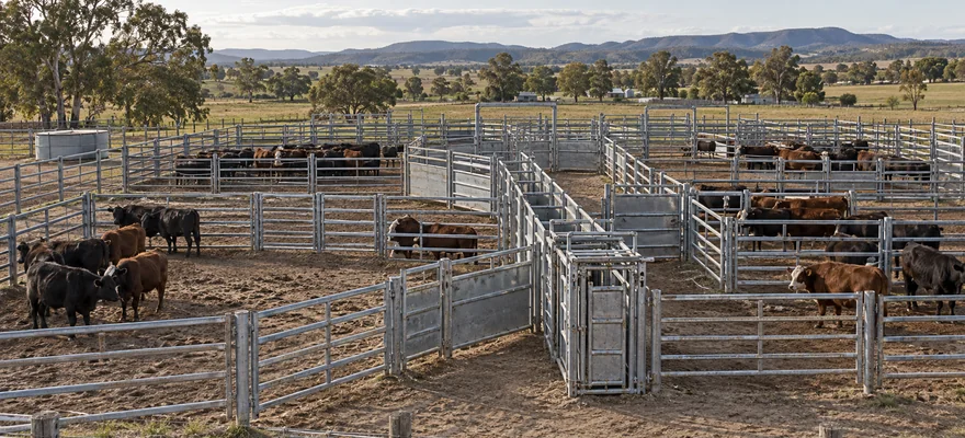 Multiple outdoor cattle pens connected by passages