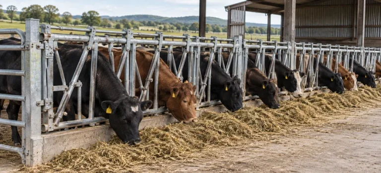 Cattle reaching forage through a metal feeding barrier