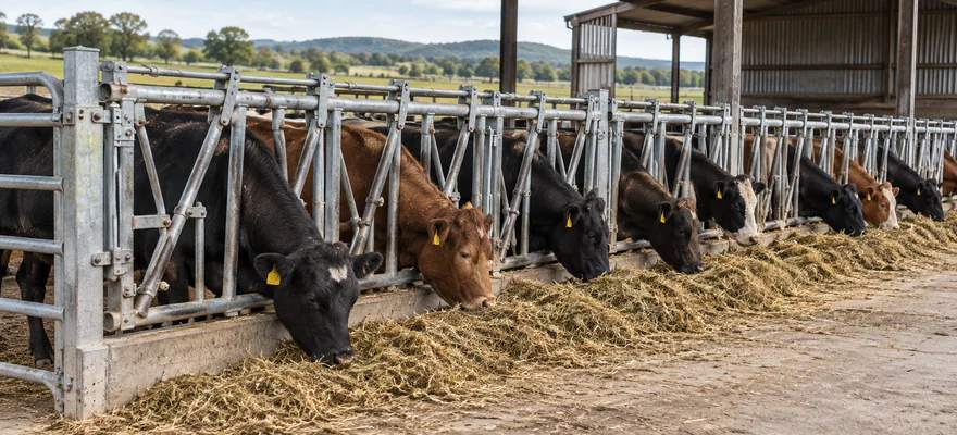 Cattle reaching forage through a metal feeding barrier