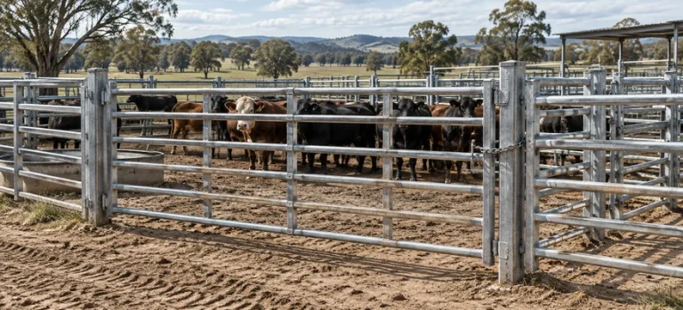 Tubular livestock gate and support posts in an outdoor cattle yard