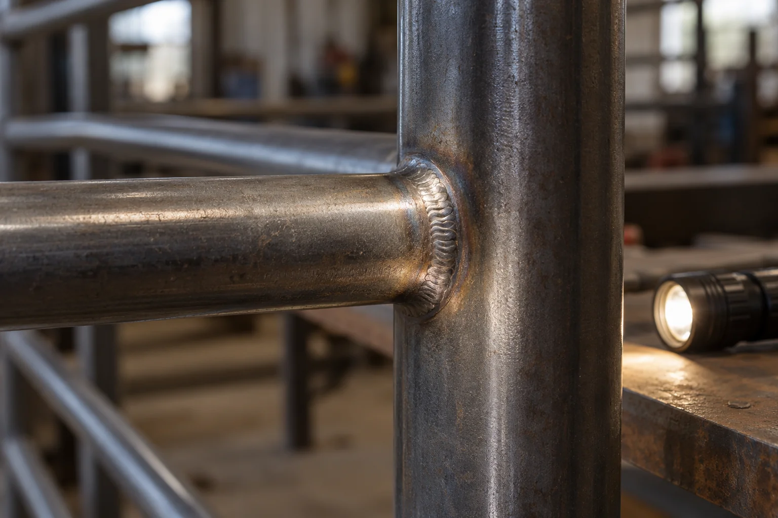 Conceptual close-up of a horizontal steel rail welded to an upright with inspection lighting