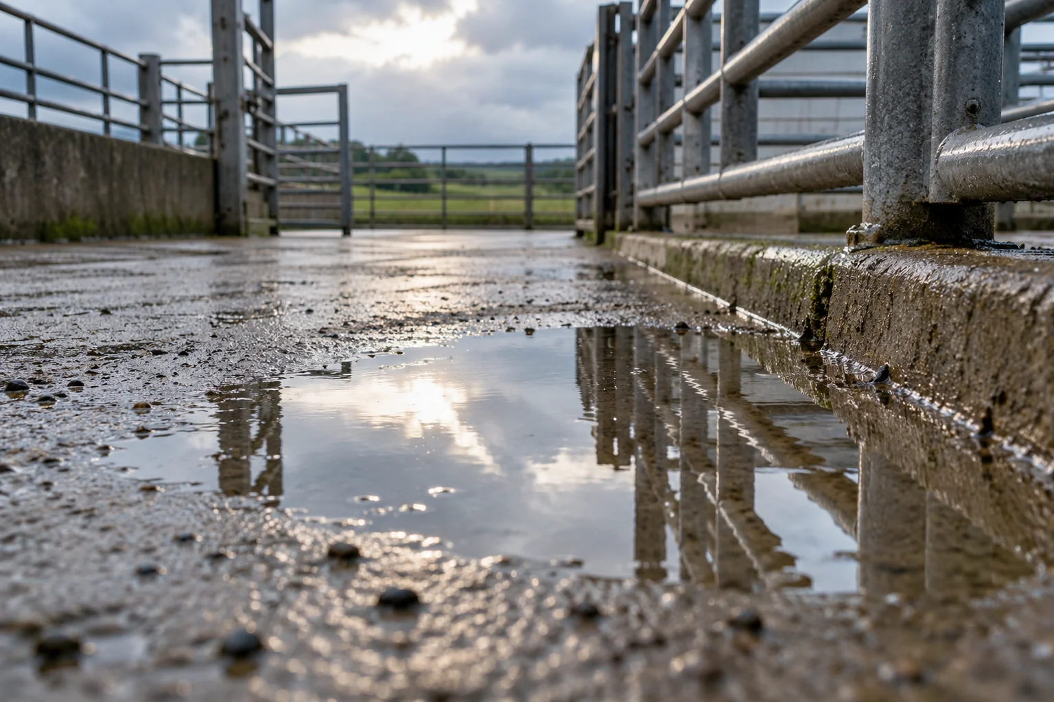 AI illustration of a bright sky reflection in a puddle beside livestock rails