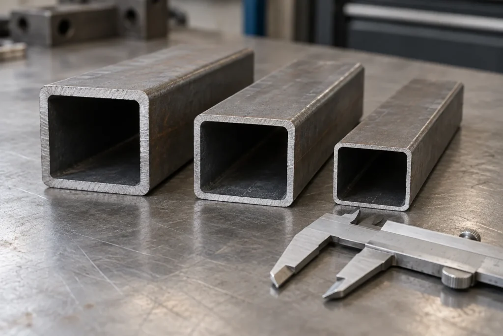 Conceptual hollow steel tube samples with visible cut ends and a caliper nearby