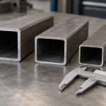 Conceptual hollow steel tube samples with visible cut ends and a caliper nearby