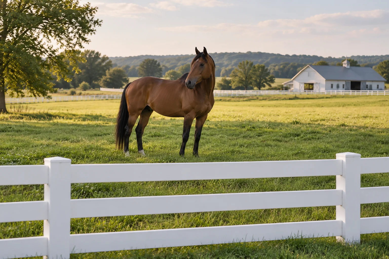 AI illustration of a bay horse behind a contrasting white paddock fence