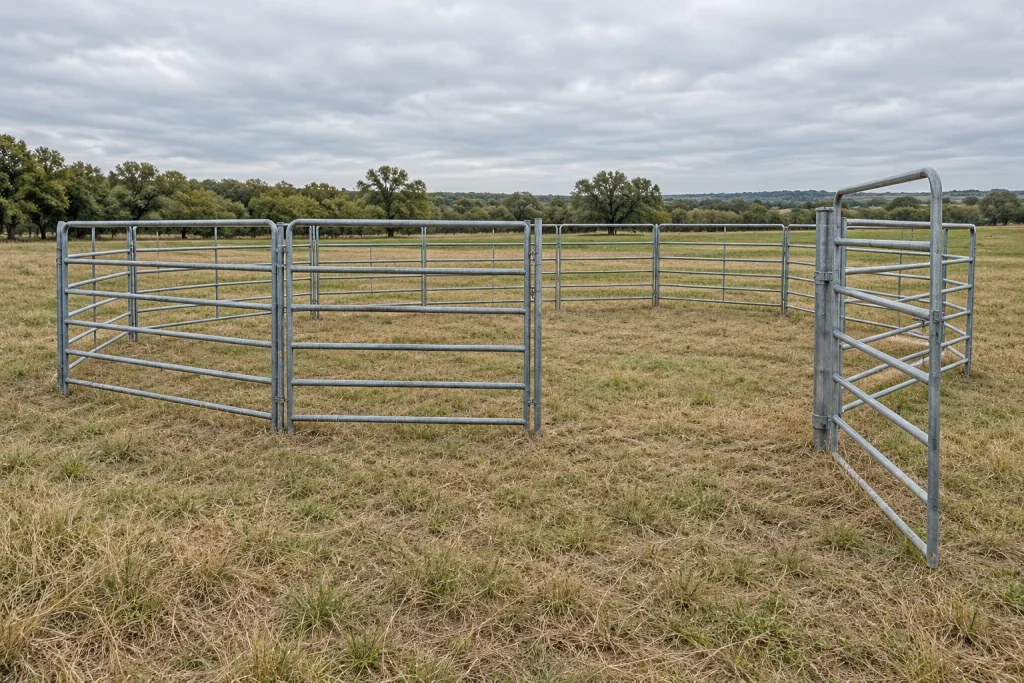 Conceptual empty tubular-panel enclosure on grass with an open entrance gate