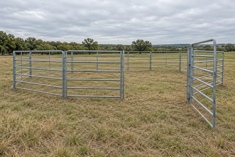 Conceptual empty tubular-panel enclosure on grass with an open entrance gate