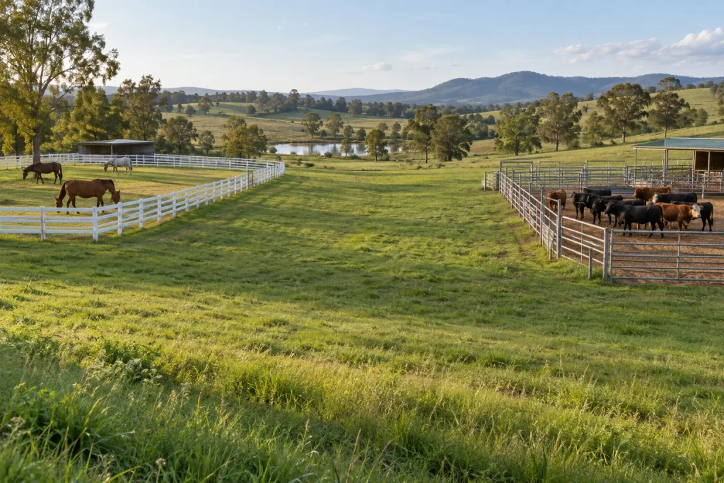 AI illustration of horses and cattle in separate enclosures with grass between