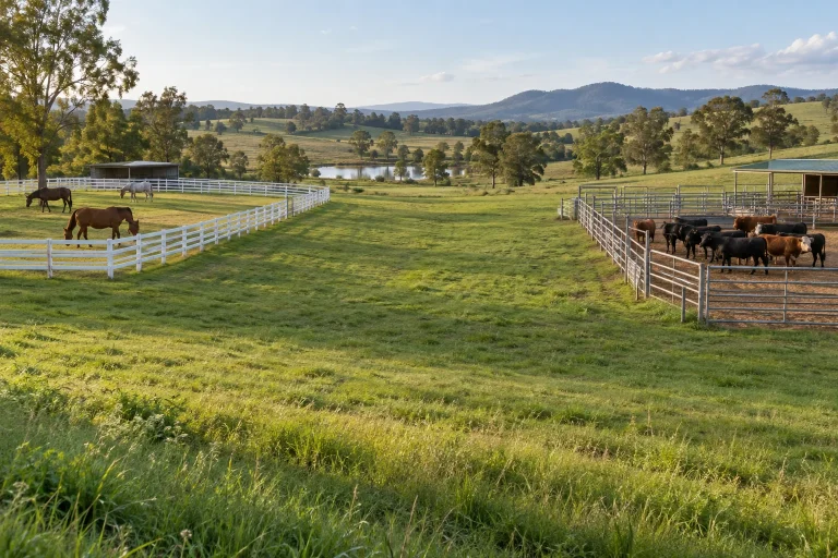AI illustration of horses and cattle in separate enclosures with grass between
