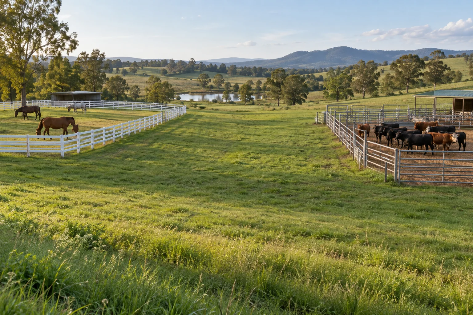 AI illustration of horses and cattle in separate enclosures with grass between