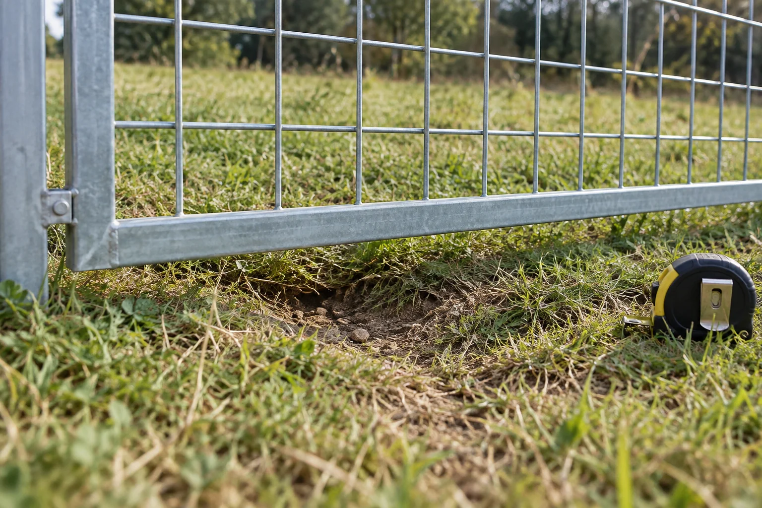 Conceptual mesh-panel lower edge over uneven ground with a gap to inspect