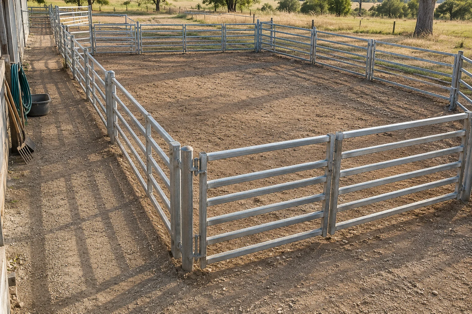 Conceptual empty sheep holding pen beside an outside worker walkway