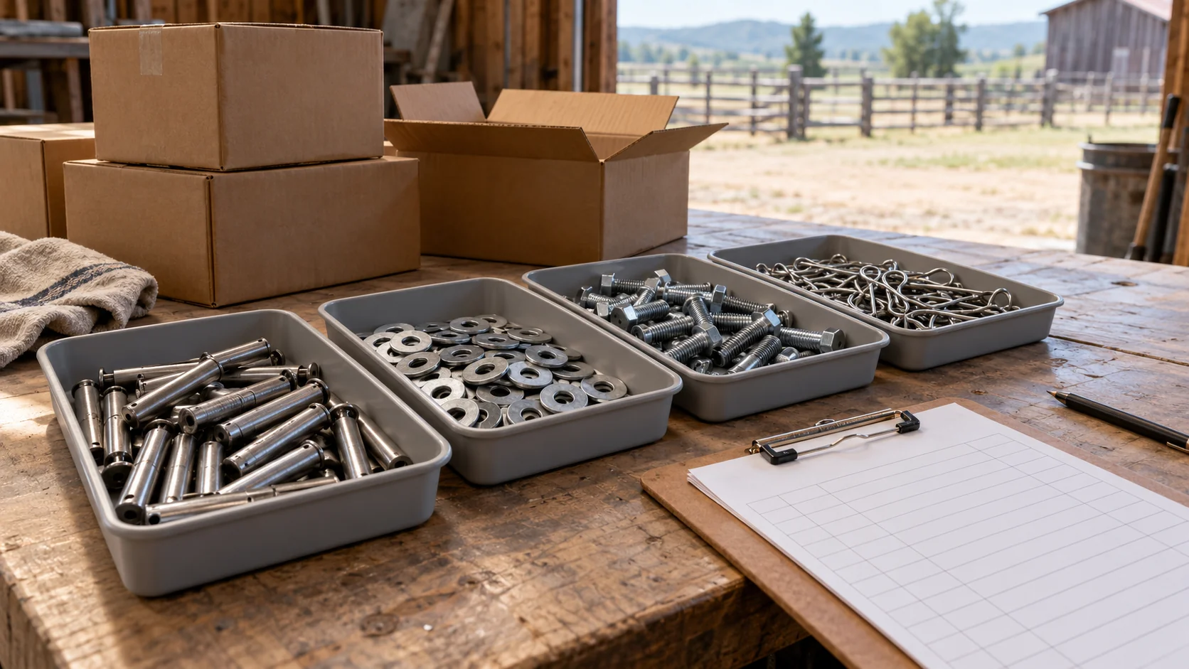 AI illustration of pins, washers, bolts and clips sorted in separate trays
