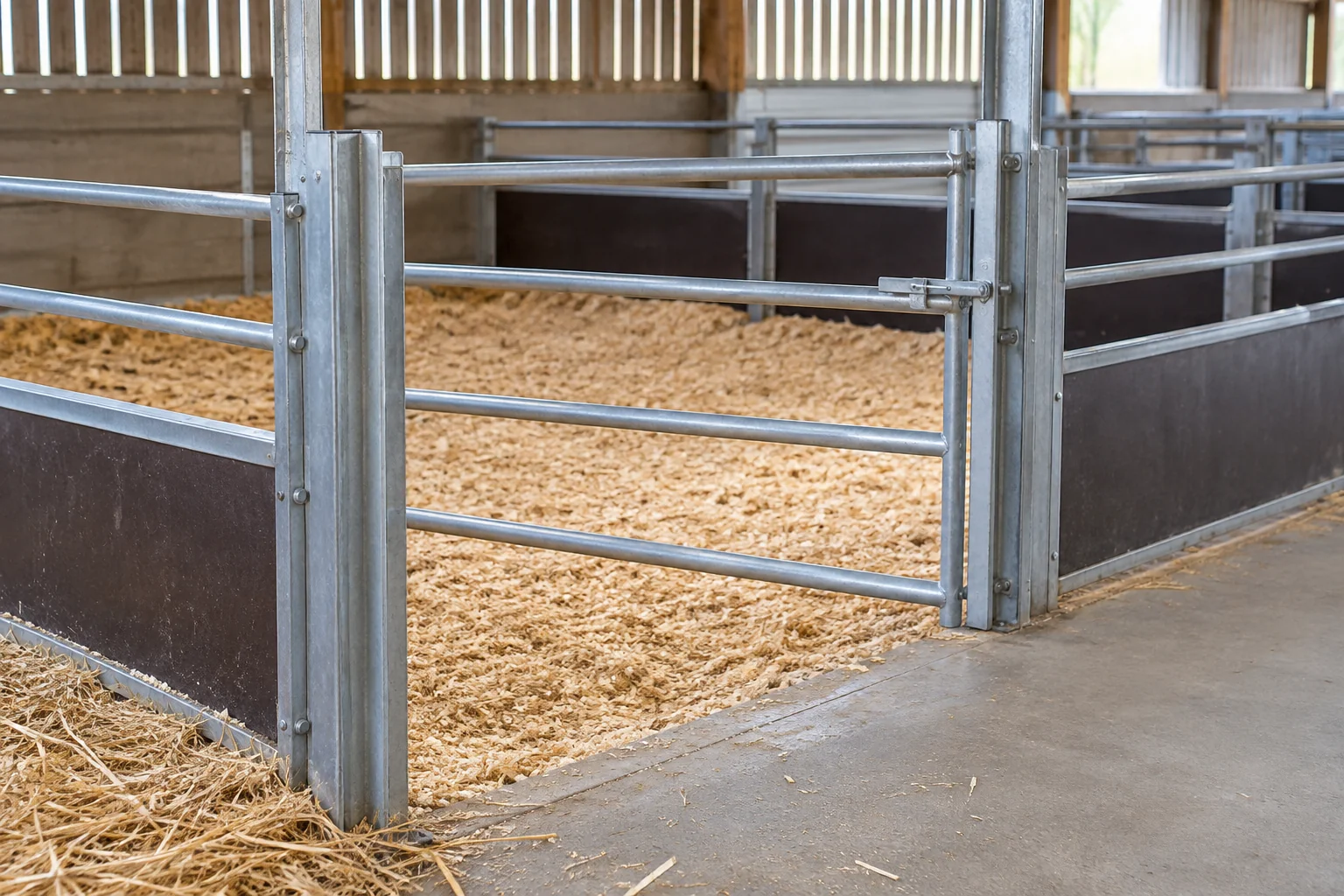 Conceptual adjustable panel opening beside a bedded youngstock pen