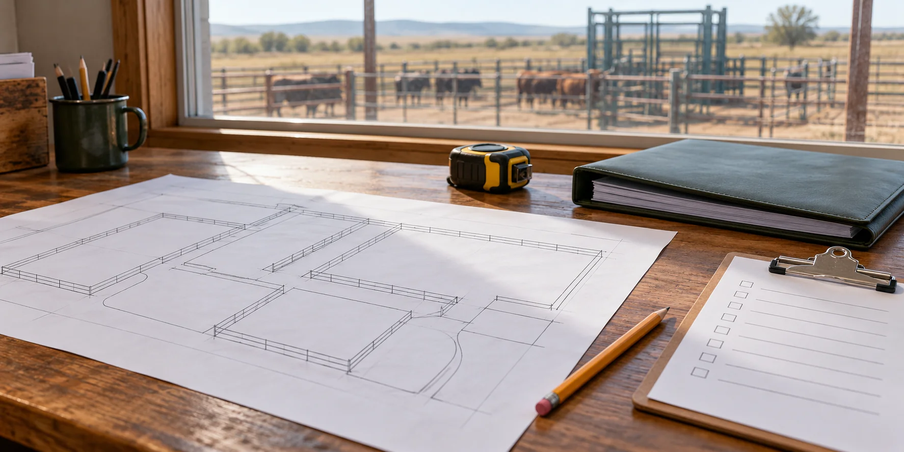 AI illustration of a yard sketch, folder and checklist on a desk
