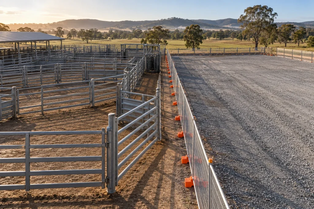 AI illustration of empty cattle yards separated from a gravel extension area