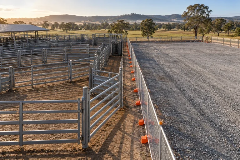 AI illustration of empty cattle yards separated from a gravel extension area