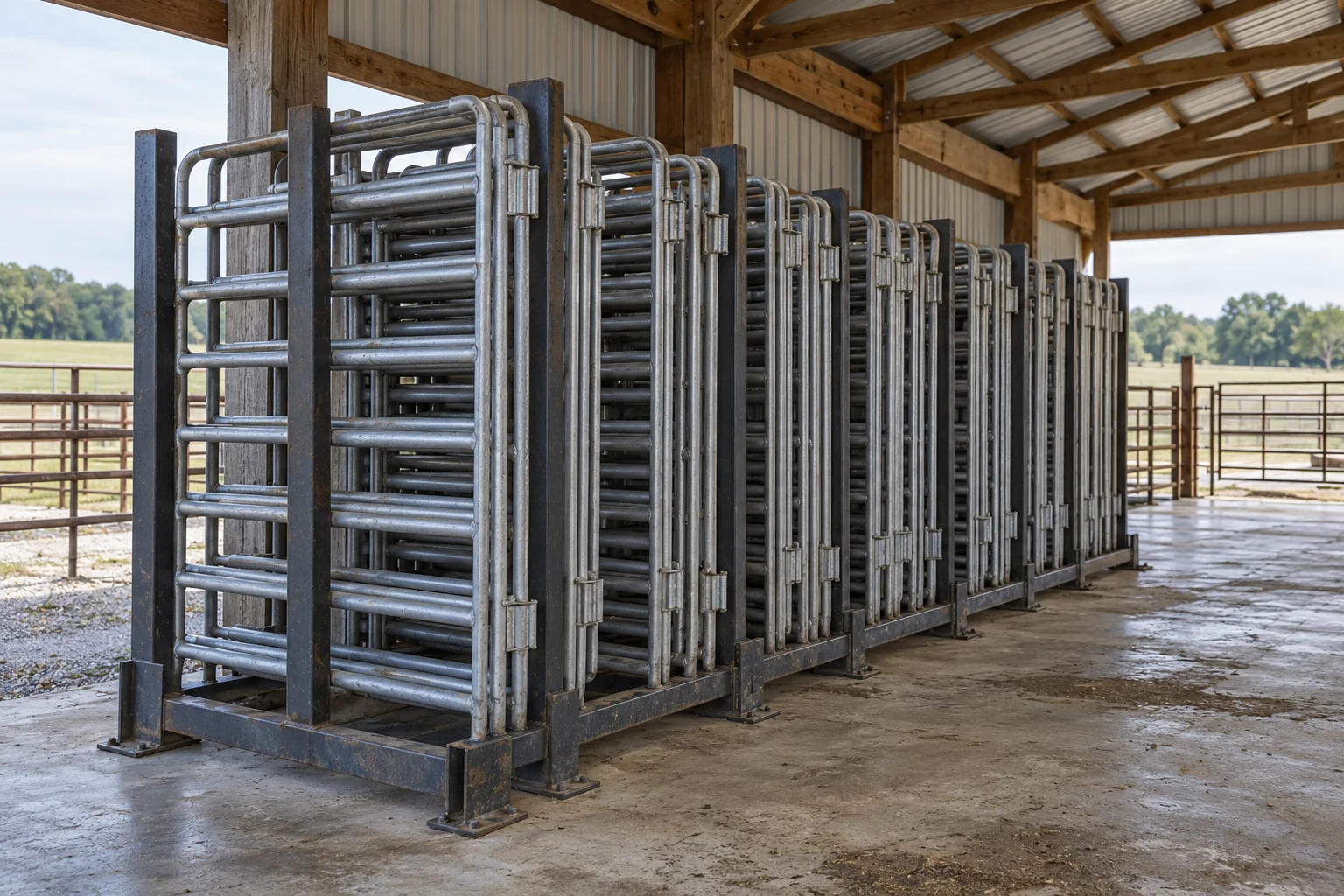Conceptual livestock panels arranged upright in a storage rack under an open farm shelter
