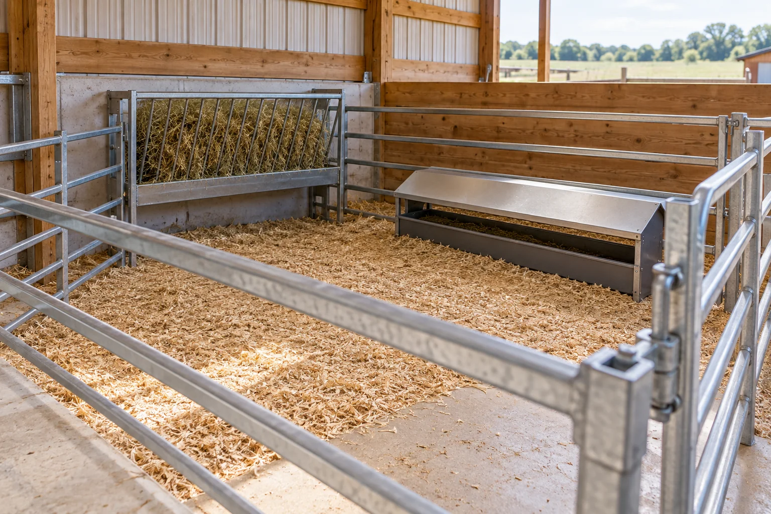 Conceptual clean hay rack and covered trough inside a dry youngstock pen