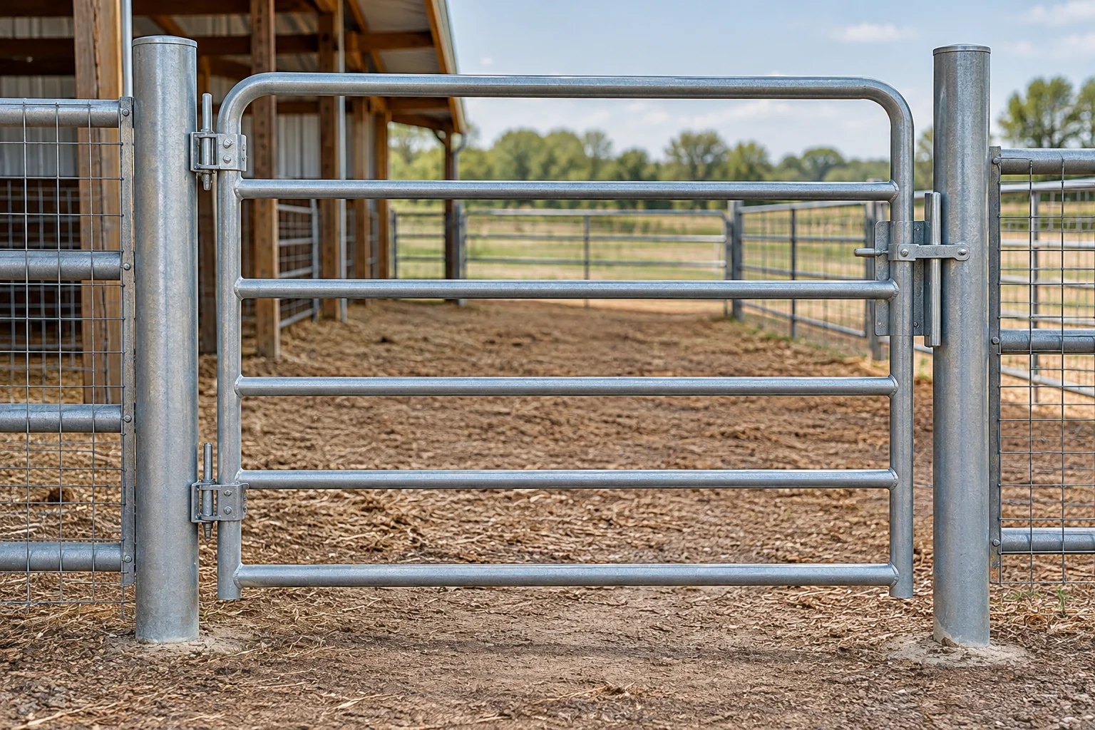 Conceptual open-rail gate showing latch and clear spaces between rails