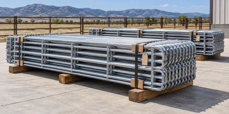 AI illustration of strapped cattle-panel bundles on timber supports