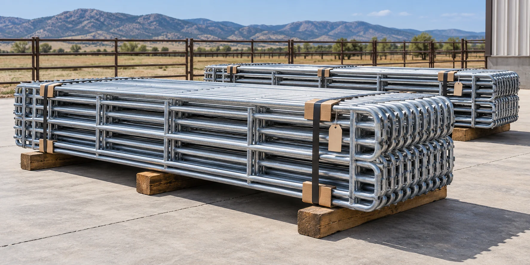 AI illustration of strapped cattle-panel bundles on timber supports