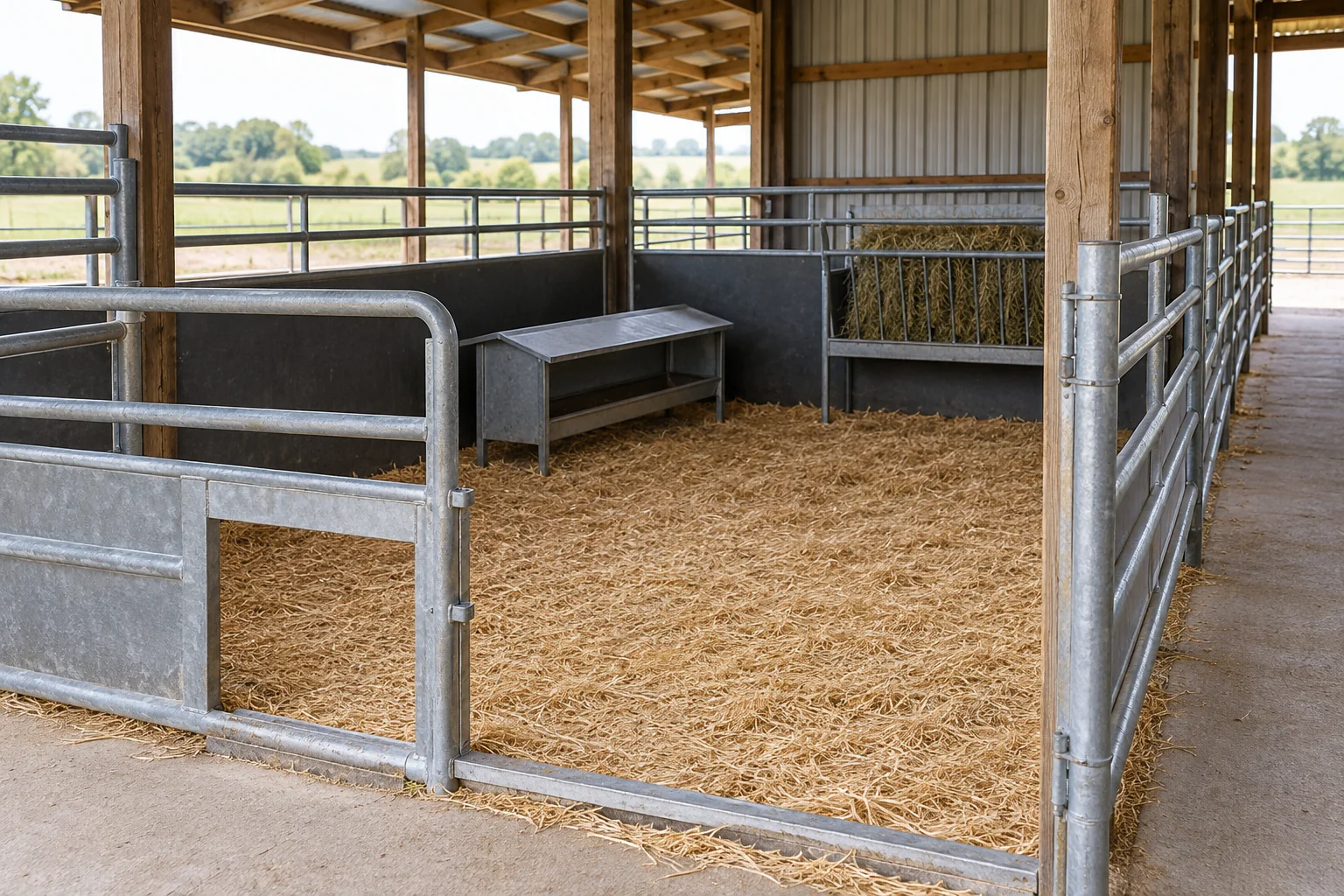 Conceptual dry sheltered youngstock area with protected feeder and outside walkway
